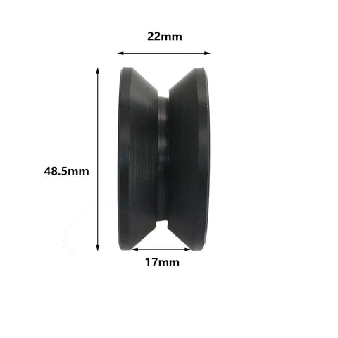Heavy Duty Silent V Groove Pulley With A Beefy Bearing Steel Hub And Slick Polypropylene Wheel For Zero Sweat Belt Tracking And Smooth Operation In Glossy Black, side view with dimensions 22mm, 48.5mm, 17mm.