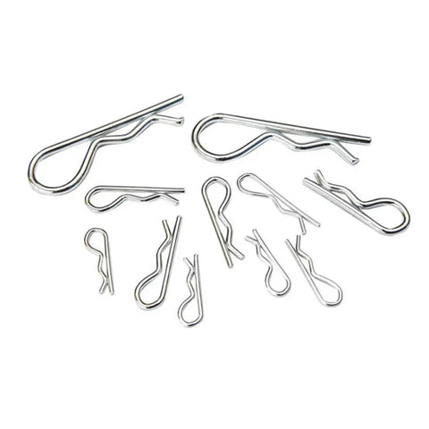 Fresh 150 Pcs R Shaped Cotter Pins Carbone Steel Spring Retaining Fasteners small metal pins in various sizes arranged on surface.