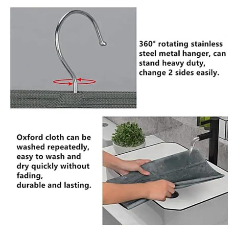 Double Sided Hanging Closet Organizer With Thirty Roomy Pockets In Gray showing 360° rotating stainless steel hanger and washable fabric.