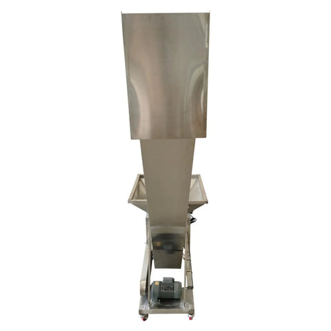 Dinenovate Heavy Duty Z Type Bucket Elevator 6.5ft Lifting Height Stainless Steel Conveyor For Farm Or Factory Bulk Material Handling 220V viewed from above, showing stainless steel design and 150L hopper.
