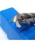 End mill cutter with straight shank and flat-head tungsten steel tip; close-up view