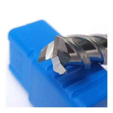 End mill cutter with straight shank and flat-head tungsten steel tip; close-up view