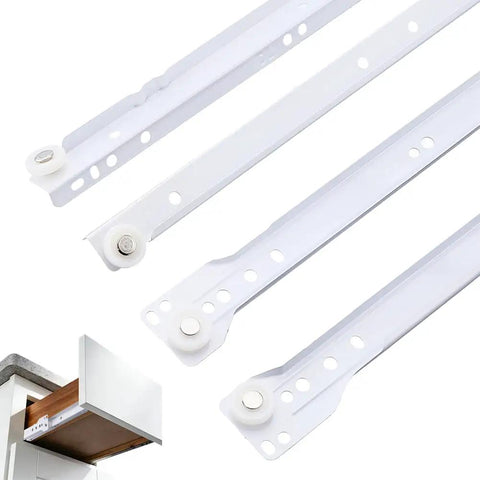 Heavy Duty Bottom Mount Drawer Slides For Furniture, 12 Inch White Steel Cabinet Tracks with nylon rollers, showing close-up view.