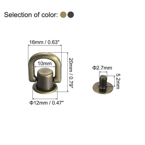 8 Piece DIY Leather Craft Ball Post Head Button Rivets With D Ring For Bag Straps Bronze Tone And Metallic Black Finish 12mm