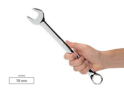 Hand holding 19 mm wrench from 30-Piece Combination Wrench Set With Inch And Metric Sizes, 1/4 To 1 In And 8 To 22 Mm, 15-Degree Angled Open Ends