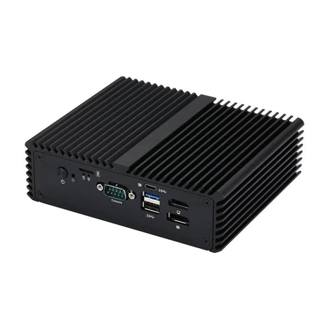 Badass N100 Fanless Mini PC With Six 2.5 Gigabit LAN Ports Rock Solid DDR5 Barebone Kit, aluminum body with various ports.