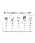 Chart comparing lumens and wattage for incandescent, halogen, fluorescent, and LED bulbs from 400 to 1000 lumens