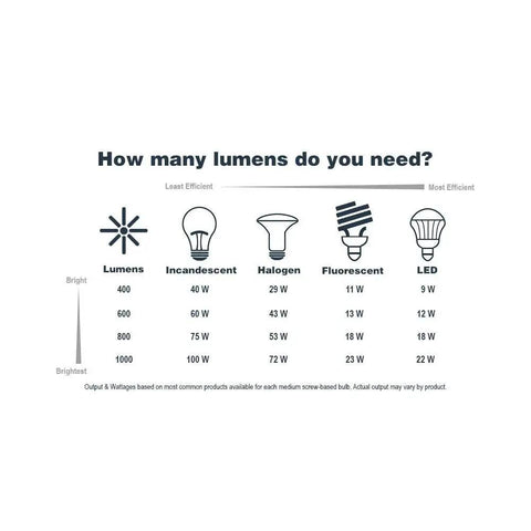 Chart comparing lumens and wattage for incandescent, halogen, fluorescent, and LED bulbs from 400 to 1000 lumens