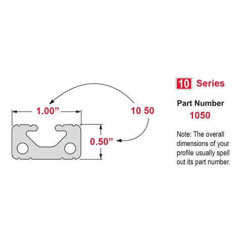10 Series T Slotted Aluminum Extrusion 1 Inch By 0.5 Inch For DIY Linear Rail And Guide Setups, 6063 T6 Aluminum With Clear Anodize, diagram
