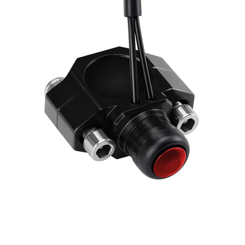 Slick CNC Universal Motorcycle Kill Switch Toggle, close-up of rugged aluminum alloy engine stop start button with red cap.