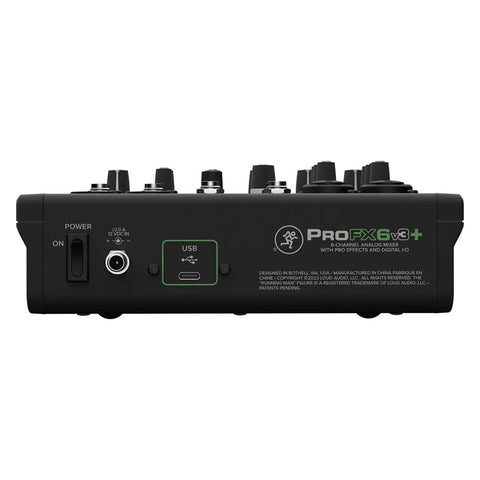 Back view of ProFX6v3 6 Channel Analog Mixer with USB Audio Interface showing power switch and USB port connections.