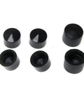 Pro Grade Rubber Pivot Cups For Skateboard And Longboard Trucks Replacement Set With Hardware Includes Four Medium Size And Two Large Size Fits Most Trucks, six black rubber cups on white background
