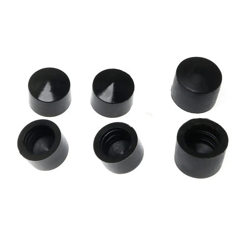 Pro Grade Rubber Pivot Cups For Skateboard And Longboard Trucks Replacement Set With Hardware Includes Four Medium Size And Two Large Size Fits Most Trucks, six black rubber cups on white background