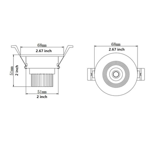 Diagram of 2 Inch LED Dimmable Downlight Recessed Ceiling Light, 3W COB Spotlight, dimensions and cutout in millimeters and inches.