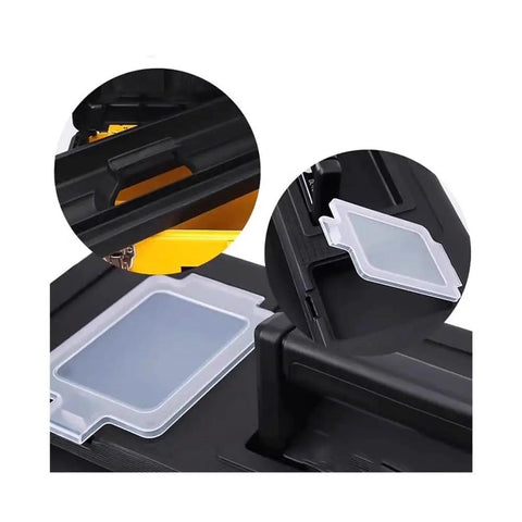 Close-up of Portable Tool Box With Wheels For Home And Outdoor Use Three Layer Workhorse Storage Box With Drawers Pull Rod Style