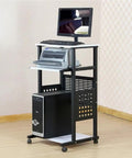 Smooth Rolling 3 Tier Standing Desk With Pull Out Keyboard Tray And Heavy Duty Steel Frame Built Tough For Your Ultimate Home Office Workspace Or Portable Printer Cart, showcasing a computer and printer setup.