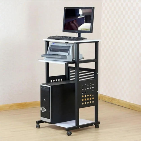 Smooth Rolling 3 Tier Standing Desk With Pull Out Keyboard Tray And Heavy Duty Steel Frame Built Tough For Your Ultimate Home Office Workspace Or Portable Printer Cart, showcasing a computer and printer setup.