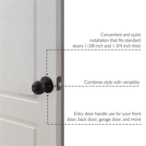 Keyed Entry Ball Door Knob in Matte Black Finish with Brass Construction on a white door.