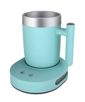 No Sweat Desk Beverage Heater And Chiller Plate Silent Dual Temp Drink Warmer Cooler Stand with a blue mug.