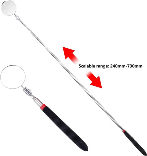 Six Pack Extended Handle Telescopic Inspection Mirror Set With 50mm Round Mirrors 360 Degree Rotating Heads Stainless Steel Folding Design In Black For Car Maintenance And Tight Spot Inspections shown extended and folded.