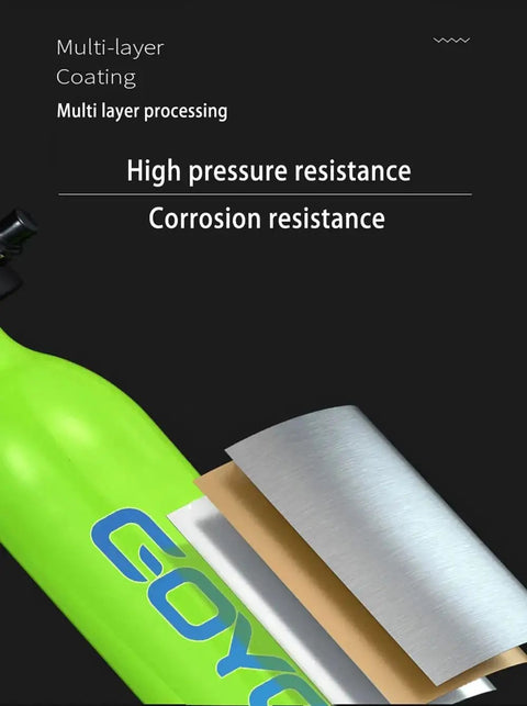 Green Mini 0.5L Scuba Tank Portable Underwater Breathing System For 5 To 10 Minute Dives Durable 6061 Aluminum with layers.