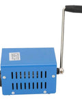 Blue Crank Powered Portable USB Emergency Generator for Outdoor Camping and Disaster Prep with hand crank, metal build.