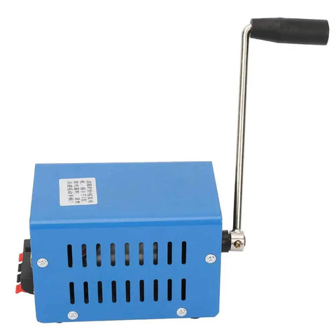 Blue Crank Powered Portable USB Emergency Generator for Outdoor Camping and Disaster Prep with hand crank, metal build.