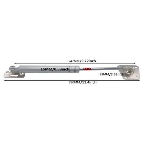 Heavy Duty Ten Piece Cabinet Gas Spring Struts For Kitchen Doors Hydraulic Lift Supports dimensions shown in mm and inches.