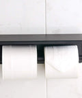 Stainless Steel Double Toilet Paper Holder With Shelf Wall Mounted Matte Black Finish Rustproof SUS304 Construction Two Roll Heads Easy Install Solid Durable Bathroom Organizer For Home Upgrade