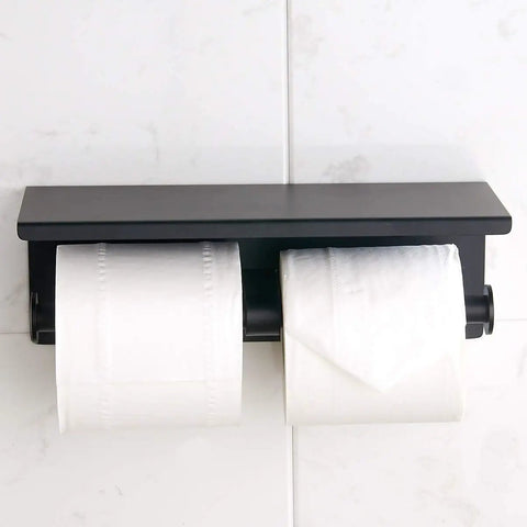 Stainless Steel Double Toilet Paper Holder With Shelf Wall Mounted Matte Black Finish Rustproof SUS304 Construction Two Roll Heads Easy Install Solid Durable Bathroom Organizer For Home Upgrade