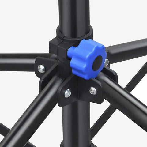 Close-up of adjustment knob and base of Portable Bike Repair Stand With Adjustable Height Handy Tool Tray And 360 Degree Swivel Clip Holds Up To 66 Lbs Maintenance And Display Stand For Home Garage Or Workshop.