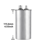 Beefy 60uF Round Run Capacitor For AC Motors And Fans 370/450V CBB65 MFD 60 shown in aluminum shell with dimensions