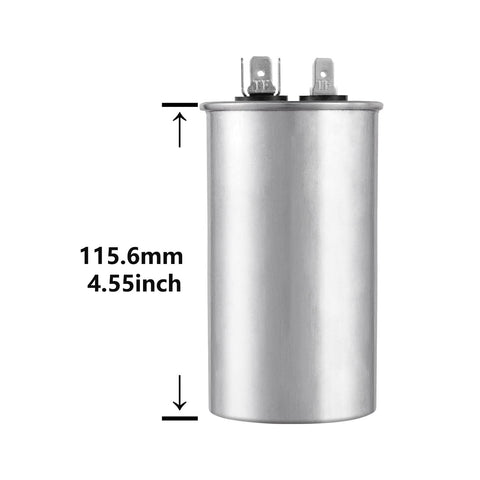 Beefy 60uF Round Run Capacitor For AC Motors And Fans 370/450V CBB65 MFD 60 shown in aluminum shell with dimensions