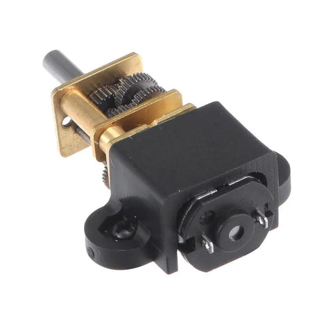 BE-TOOL 4PCS motor mounting bracket set with screws and nuts, black plastic mount with brass gears and shaft, side view