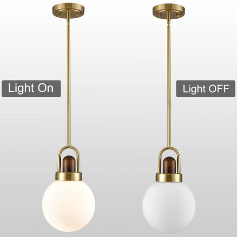 Mid Century Brushed Brass Globe Pendant Light With Milk Glass Shade for Kitchen Island light on and off view