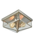 Lankford 2 Light Outdoor Flush Mount in Satin Nickel with Clear Glass, UL Listed for Wet Locations, Square Design