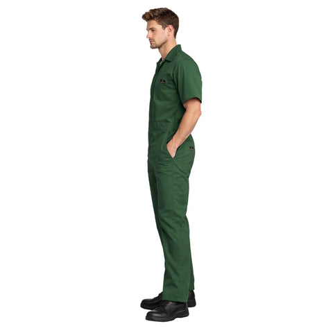 Men's Short Sleeve Zip Up Coveralls Built Different For The Daily Grind Heavy Duty Cotton Poly Blend Work Jumpsuit, green side view.