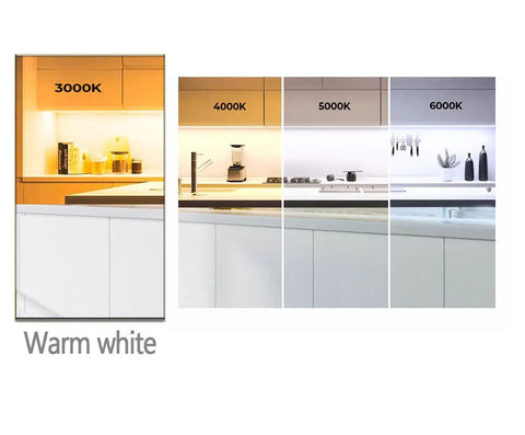 Kitchen lighting comparison showing 3000K warm white and other temperature options for under cabinet lights.