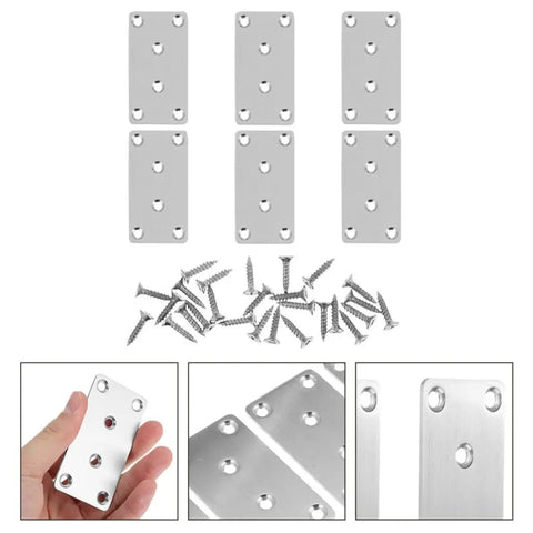 6 Pack Stainless Steel Straight Brackets For Wood Repair And Reinforcement with included screws, detail view of flat metal plates.