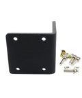 L-shaped black aluminum motor mounting bracket with four mounting holes and included screws, nuts, and washers