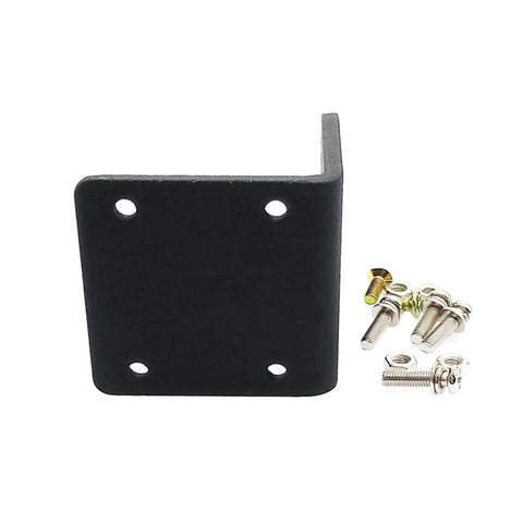 L-shaped black aluminum motor mounting bracket with four mounting holes and included screws, nuts, and washers