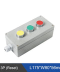 Angled front view of metal push-button control box with three colored buttons (yellow, green, red); 3P reset, 175×80×56 mm