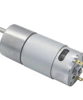 Rock Solid 6V 12V DC Mini Metal Gear Motor Running At 80 RPM with silver casing and output shaft for robotics and models.
