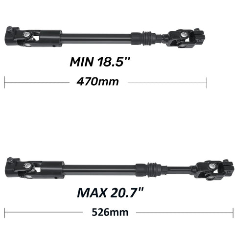 Side view of MDRIVEASY adjustable lower steering column intermediate shaft with U-joint; two units, 18.5–20.7 in (470–526 mm)