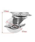 Close-up of Four Pack 1.5 Inch Caster Wheels With Brakes For Furniture White PP Flat Bottom showing dimensions.