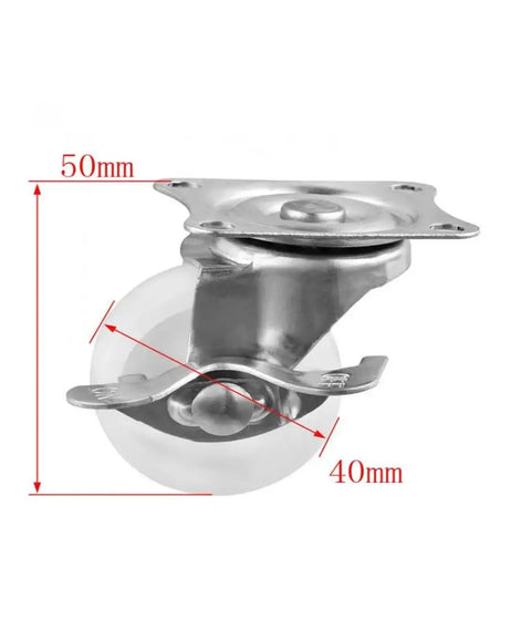 Close-up of Four Pack 1.5 Inch Caster Wheels With Brakes For Furniture White PP Flat Bottom showing dimensions.