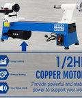 Front view of a benchtop wood lathe with a blue base and white headstock/tailstock; 1/2 HP copper motor