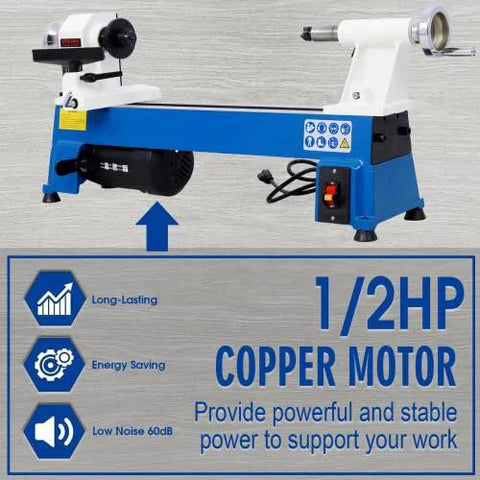 Front view of a benchtop wood lathe with a blue base and white headstock/tailstock; 1/2 HP copper motor