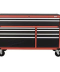 Shop Workhorse 10 Drawer Rolling Tool Chest Cabinet With Slick Roll Casters And 56 Inch Wide Steel Build For Ultimate Garage Game Changer Storage And No Fuss Workshop Organization in red and black.