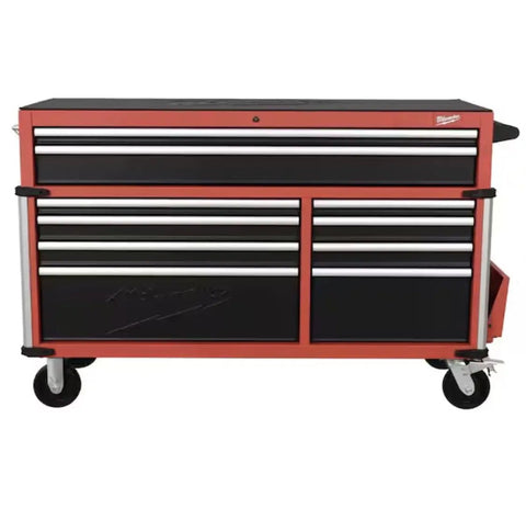 Shop Workhorse 10 Drawer Rolling Tool Chest Cabinet With Slick Roll Casters And 56 Inch Wide Steel Build For Ultimate Garage Game Changer Storage And No Fuss Workshop Organization in red and black.
